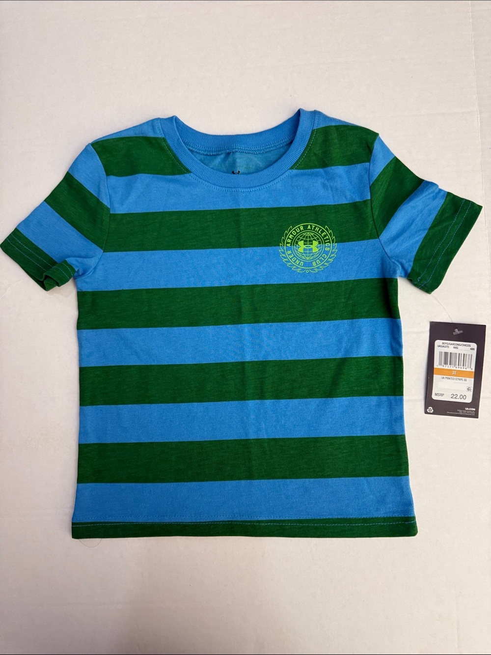 NWT Under Armour Toddler Boys 3T Striped T-Shirt Blue Green Logo